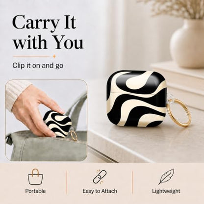Compatible with AirPod 4 Case 2024, Cute Hard Plastic Protective Cover for Airpod 4th Generation Women, Shockproof Shell Skin with Gold Ring Keychain,Abstract Wavy Black Beige - color: Abstract Wavy Black Beige