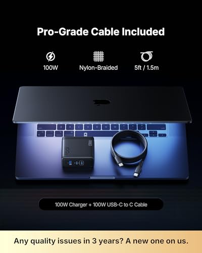INIU 100W USB C Charger, 3-Port GaN Fast Charging Block with 5ft USBC Cable | 30% Smaller, Foldable Plug, GaN Tech, Multi Port, Travel Laptop Charger for MacBook Pro Air Neo, iPhone 17, Samsung, Dell etc - color: Black