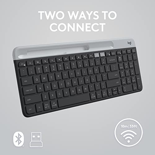Logitech K585 Slim Wireless Keyboard with Built-in Phone Cradle - Graphite | Bluetooth with included USB receiver, connects 2 devices, cradle can hold smartphone or tablet up to 10 in. in landscape mode - color: Graphite