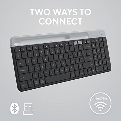 Logitech K585 Slim Wireless Keyboard with Built-in Phone Cradle - Graphite | Bluetooth with included USB receiver, connects 2 devices, cradle can hold smartphone or tablet up to 10 in. in landscape mode - color: Graphite