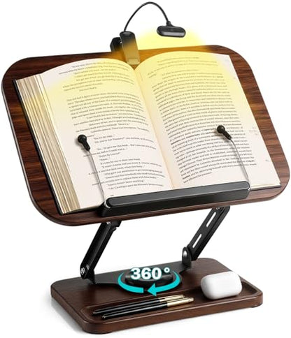 Book Stand with Light & Storage, Book Holders for Reading Hands Free | bible stand holder, wooden cookbook stand, adjustable Height, 360 °Angle, for Recipe Magazine Laptop Tablet Bible