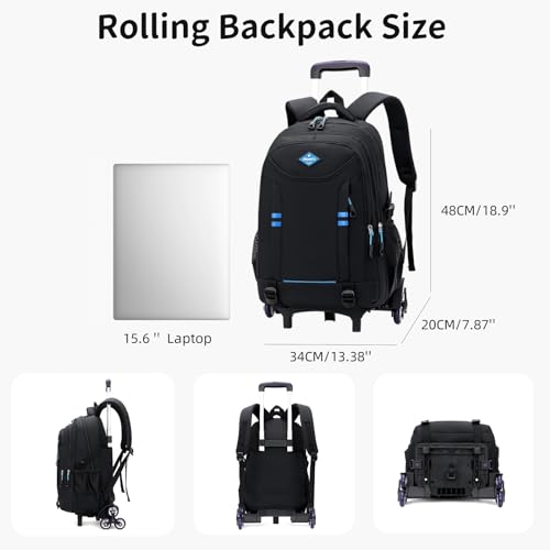 Rolling Backpack for Boys Elementary School Bag with Wheels Travel Trolley Bag 2 wheels and 6 wheels - color: Black 6 Wheels, size: 6 wheels