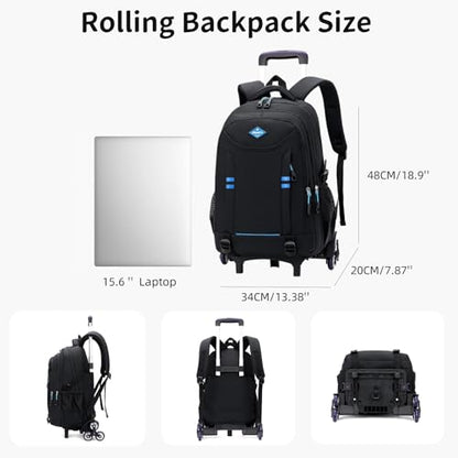 Rolling Backpack for Boys Elementary School Bag with Wheels Travel Trolley Bag 2 wheels and 6 wheels - color: Black 6 Wheels, size: 6 wheels