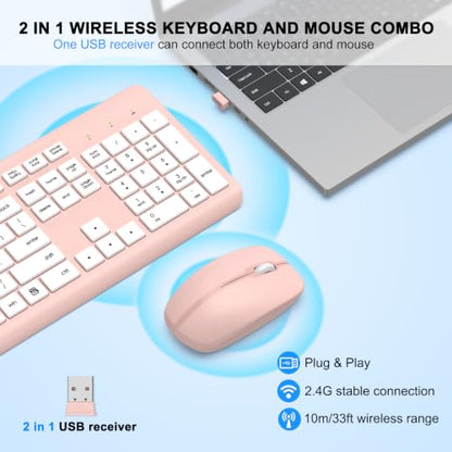 Wireless Keyboard and Mouse Combo, Full-Size Silent Ergonomic Keyboard and Optical Mouse, Long Battery Life, 2.4G Lag-Free Mice Keyboard for Computer, Mac, Laptop, PC, Windows(White Pink) - color: White Pink