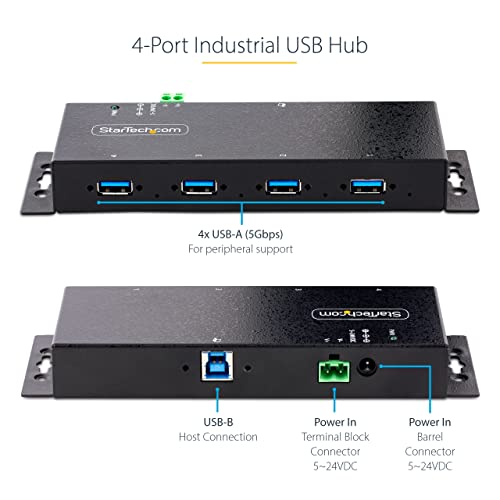 StarTech 4-Port Industrial USB 3.0 Hub 5Gbps, TAA (5G4AINDNP-USB-A-HUB) | 4x USB-A ports, ESD protection, DIN wall and desk mountable, Locking ports, Terminal block 5-24V DC
