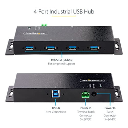 StarTech 4-Port Industrial USB 3.0 Hub 5Gbps, TAA (5G4AINDNP-USB-A-HUB) | 4x USB-A ports, ESD protection, DIN wall and desk mountable, Locking ports, Terminal block 5-24V DC