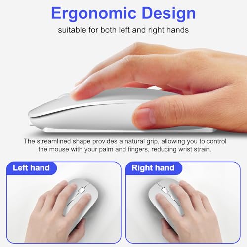 Bluetooth Wireless Mouse for MacBook Air Mac Pro iPad Laptop Computer Pad Optical Rechargeable Slim Silent Dual Mode (2.4G USB-C/USB-A&Bluetooth 5.2/3.0) Mouse Jiggler for Computer Awakening - Silver - color: SILVER