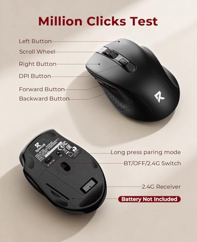 Redragon Wireless Mouse BT5.0/3.0 & 2.4G, 6 Buttons, 5 Level 4000DPI Bluetooth Mouse, 18 Months Battery, Portable Optical Computer Mice for Laptop, PC, Chromebook, Windows, Mac-Black - color: Black