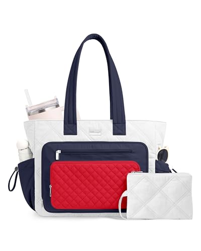 TOPDesign Puffer Laptop Bag for Women, Quilted Teacher Tote Nurse Work Briefcase, Computer Handbag with 40oz Cup Holder - color: White/Navy Blue/Red, size: 17.3 Inch