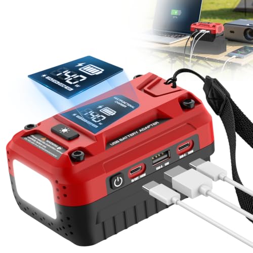 140W USB Battery Charger Compatible with Craftsman 20V Battery | Type-C Input & Output Fast Charging, 18W USB-A, Portable Phone Charger with 700LM LED Work Light, LED Screen Display - color: Crimson