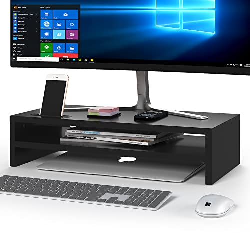 BONTEC Wood Monitor Stand Riser, 2-Tier Desktop Organizer | Ergonomic Computer Stand for Desk, Cable Management, Cellphone Holder, 21.3 Inch Shelf, Black - color: Black, size: 21.3 Inch