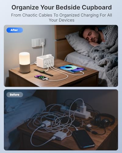 12-in-1 Desktop Charging Station with 3 Retractable Type-C Chargers and 1 Lightning Charger, 160W USB-C Charging Hub with 33.5in Cable, 4 AC, 1 USB A Port, 3 USB C Ports, White - size: With 1 Lightning, USB A Port, 3 Type-C Chargers