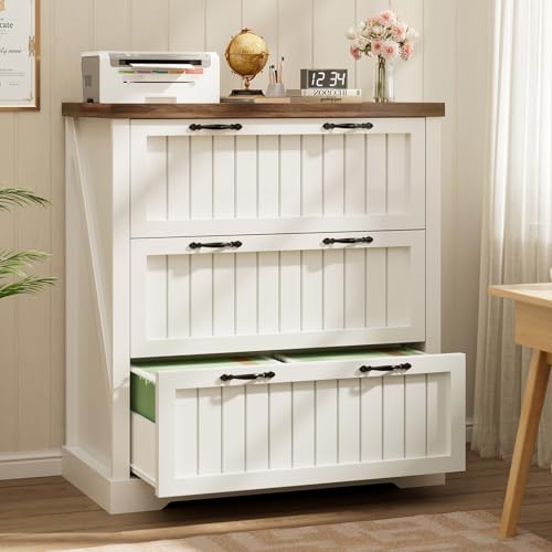 SEDETA 3 Drawer File Cabinet, Farmhouse Filing Cabinet for Home Office, Wood Office File Cabinets for Letter/Legal/A4 Size, Lateral File Cabinets with Printer Stand, White + Brown - color: White + Brown, size: 3 Drawers