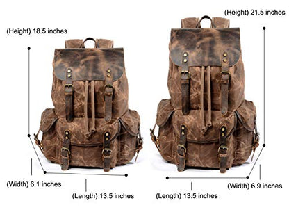 WUDON Leather Backpack for Men, Waxed Canvas Shoulder Rucksack Carry-On Travel Backpack - color: Coffee-oversize