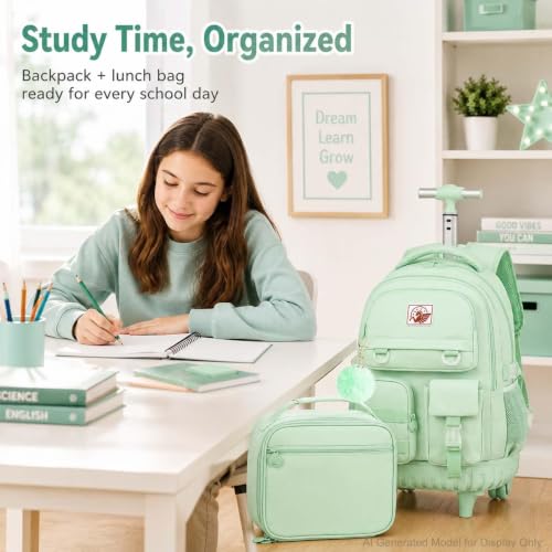 CCJPX Rolling Backpack for Girls Women, 21 inch Roller Wheels School Bookbag, Wheeled Suitcase Backpacks with Lunch Bag for Teen - Green - color: Green