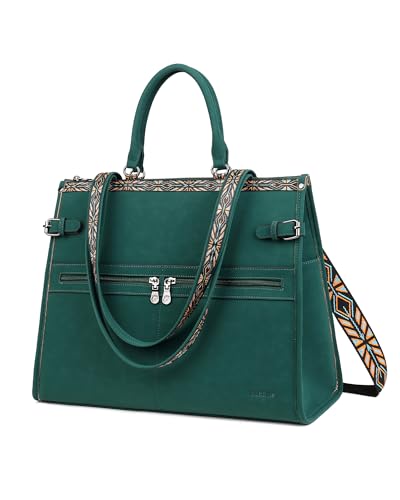 FADEON Laptop Bag for Women Designer PU Leather Large Tote Bags Backpack Purses with 15.6 Laptop Compartment Shoulder Handbag - color: Dark Green Nubuck Style