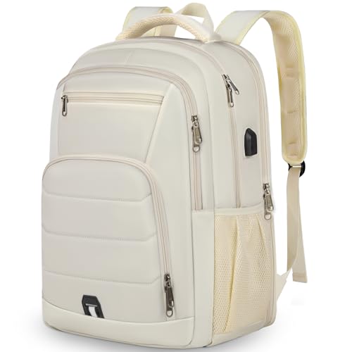 RAINSMORE Laptop Backpack 17 Inch Travel Backpack for Men Women | Waterproof Computer Backpack Work College Bookbag TSA Friendly with USB Port, Beige - color: Beige