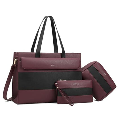 Keyli 3pcs Laptop Bag for Women 15.6 Inch Leather Work Tote Bags Professional Business Office Computer Shoulder Briefcase - color: Sets-black-red