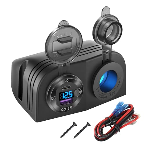 Tent Type Panel 12V USB Outlet Lighted Cigarette Lighter Socket, PD3.0 & QC3.0 Car USB Port Aluminum Charger with LED Voltmeter & Switch, Waterproof Power Panel Adapter DIY Kit for Car Boat Marine RV
