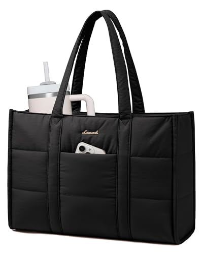 LOVEVOOK Laptop Bag for Women, 17 Inch Puffer Work Tote Bag, Lightweight | Quilted, Large Computer Briefcase, Teacher Nurse, Casual Shoulder Bag for Travel, Daily - color: Jet Black, size: 17 Inch