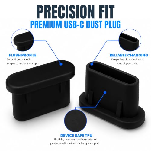 USB C Dust Plugs 10 Pack with Cleaning Brush, Charging Port Covers, Black | Helps block dust, lint and debris, helps support reliable charging, snug low profile fit, durable flexible construction - color: Black
