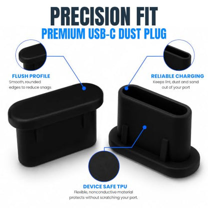 USB C Dust Plugs 10 Pack with Cleaning Brush, Charging Port Covers, Black | Helps block dust, lint and debris, helps support reliable charging, snug low profile fit, durable flexible construction - color: Black