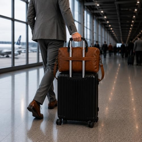 KomalC Leather Laptop Sleeve 15.5" with Trolley Strap, Fits up to 16" Laptop, Slim Office Bag with Shoulder Strap - color: Serena