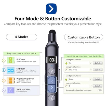 N21 Bluetooth Presentation Clicker for PowerPoint with Retractable Pointer | ①Laser Pointer②Telescopic touch pen③Countdown timer, vibration alert ④Customizable Button ⑤Rechargeable;battery level display - color: Black - Red Pointer
