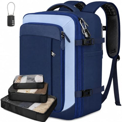 Vancropak 40L Carry on Backpack, Flight Approved Expandable Bag for Travel | Shoe Compartment, Fits 17" Laptop Bag, 3 Packing Cubes, 18x14x8 Inches Travel Backpack, Water Resistant, Anti Theft Suitcase - color: Blue