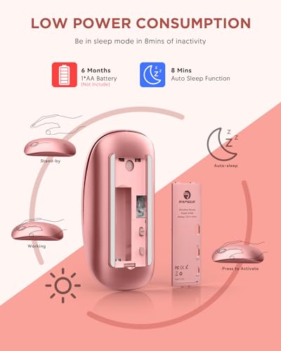RAPIQUE Bluetooth Wireless Mouse, BT5.1+2.4G Slim Dual Mode, Rose Gold | Quiet clicks, Low Power, 1600 DPI, USB-A Receiver, Portable design, Works with MacBook, Laptop, iPad Pro/Air and Tablet - color: Rose Gold