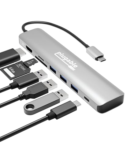 Plugable USB-C Hub 7-in-1 for Single HDMI Display, Driverless Hub, 4K HDMI, 3 USB 3.0, SD/microSD Reader, 100W Charging Compatible with Mac, Windows, Chrome, USB-C, USB4, and Thunderbolt