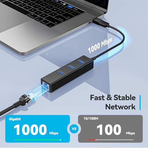 USB-C to Ethernet Adapter, 3-Port USB 3.0 Hub with Gigabit Ethernet, Aluminum USB to RJ45 LAN Network Converter 10/100/1000 Mbps for MacBook, Laptop