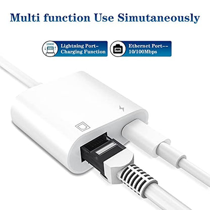 Apple MFi Certified Lightning to Ethernet Adapter - 2 in 1 RJ45 Ethernet LAN Network Adapter with Charge Port for iPhone/iPad/iPod, Plug and Play, Supports 100Mbps Network | Apple MFi Certified, RJ45 Ethernet Adapter with Charge Port for iPhone/iPad/iPod,