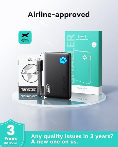 INIU 45W Fast Charging Portable Charger, Smaller 10000mAh Travel Power Bank | Flight-Safe, Detachable USB C Cable, Travel Essential, External Battery Phone Pack for iPhone 17 Samsung S26 iPad etc - color: Black