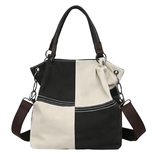 Women's Canvas Color Block Tote Bag Convertible Crossbody Hobo Handbag Lightweight Shoulder Bag for Daily Travel Work - color: Black