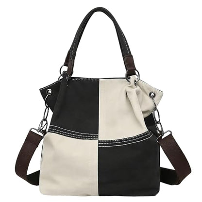 Women's Canvas Color Block Tote Bag Convertible Crossbody Hobo Handbag Lightweight Shoulder Bag for Daily Travel Work - color: Black