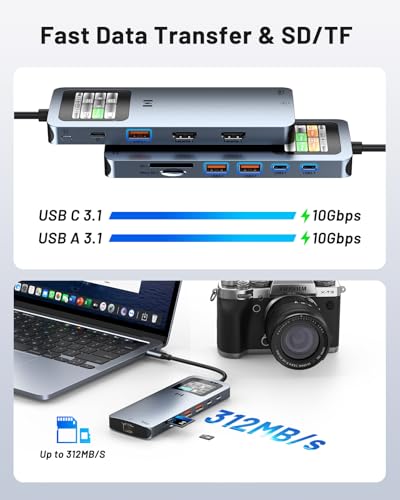 Selore USB C Docking Station Dual HDMI, USB C to Dual HDMI Adapter | 4K@60Hz Dual HDMI, Smart Display, 100W PD, 10Gbps USB 3.1, 2.5G Ethernet, SD/microSD Reader for Dell/HP/Lenovo/ MacBook - color: Space Grey