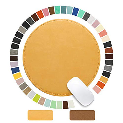 Mouse Pad，Round Mouse Pad，PU Mouse Pad，Leather Mouse Pad with Stitched Edge Micro-Fiber Base with Non-Slip Waterproof，Mouse Pad for Computers，Laptop，9 x 9 Inch (Light Yellow) - color: Light Yellow, size: 9L x 9W inches