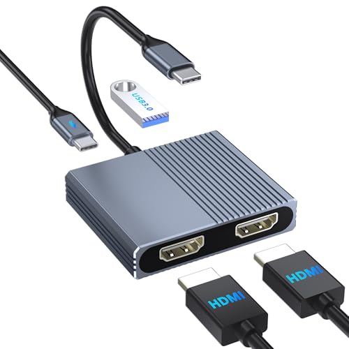 USB C to Dual HDMI Adapter for 2 Monitors, 4-in-1 HDMI Splitter for Dual Monitors Extended Display Support SST/MST with USB3.0/100W PD, USB C Docking Station Double Monitor for MacBook/Dell/HP Laptop