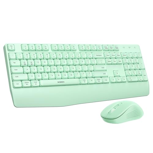 seenda Wireless Bluetooth Ergonomic Keyboard Mouse Combo, Full Size, Green | USB/Bluetooth multi-device switching, with wrist rest, number pad, and quiet operation for PC, laptop, Mac, MacBook, and iPad - color: Green