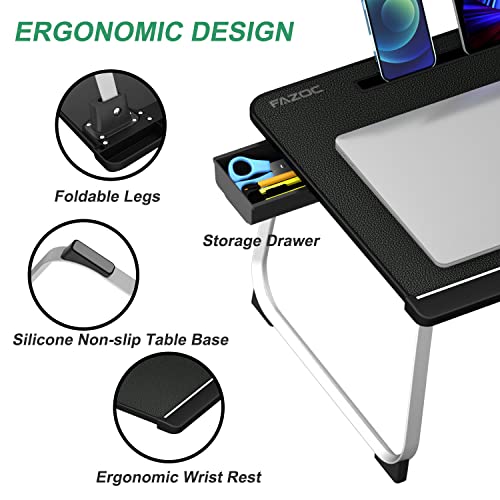 Laptop Desk for Bed,Fazoc Sturdy Foldable Bed Tray PVC Leather Table with Aluminum Legs,Storage Drawer & Card Slot for Eating,Reading Book, Watching on Bed,Couch & Floor-XXL Large Black