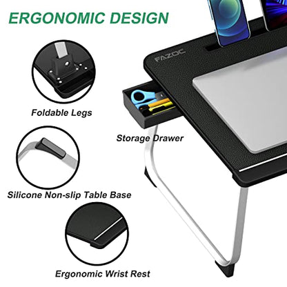 Laptop Desk for Bed,Fazoc Sturdy Foldable Bed Tray PVC Leather Table with Aluminum Legs,Storage Drawer & Card Slot for Eating,Reading Book, Watching on Bed,Couch & Floor-XXL Large Black