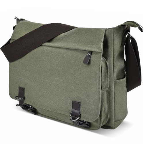 CAAORDKSO Canvas Vintage Messenger Bag Shoulder bag Large Travel Crossbody bags for Men Women 14 inch Laptop Bag Bookbag Work - color: Army Green
