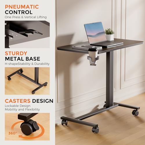 COMHOMA Adjustable Overbed Bedside Table with Lockable Wheels, Pneumatic Mobile Standing Laptop Desk, Small Standing Desk Portable Rolling Overbed Table Hospital Home Use(32" W x 18" D, Black) - color: Black, size: Large
