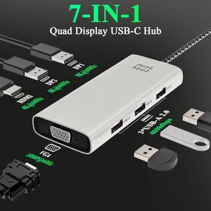 Minthouz 7-in-1 USB C Docking Station, Quad Display Hub Adapter with Dual 8K DP, 4K HDMI, VGA, 3 USB 2.0 Ports for MacBook Neo/Pro/Air, iPad Pro, iPhone 17 Pro/Pro Max, Dell HP Lenovo Windows Laptops