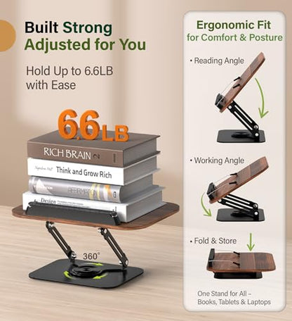 Adjustable Book Stand for Reading – Durable Build Quality, 360° Rotating Base, Stable Book Holder for Study, Kitchen, or Office, Relieves Neck Strain, (Dark Wood) - color: Dark Wood