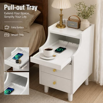 POWERSTONE Narrow Nightstand with 2 Drawers Set of 2, Solid Wood Bedside Table with Pull Out Tray & Cable Hole & Slots, Slim End Side Table for Small Spaces Bedroom, Living Room, White - color: White