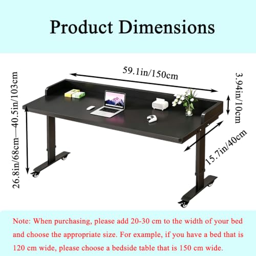 Overbed Table Adjustable Height，Overbed Table with 360° Wheels, Rolling Over The Bed Desk, for Bedroom, Living Room, Hospital Use (Black, 59.1in/150cm) - color: Black, size: 59.1in/150cm