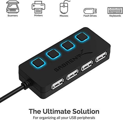 SABRENT 4-Port USB 2.0 Data Hub, LED Power Switches (HB-UMLS) | Individual LED-lit power switches; data only (charging not supported); for Mac & PC - size: USB-A 4-Port