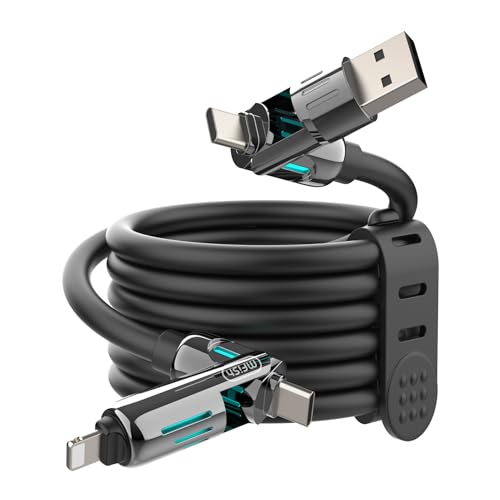 MFish 240W 4-in-1 Charging Cable with Carrying Case, 10FT Fast Charger USB-A & USB-C to USB-C/Lightning, for iPhone 17/16/15/14, MacBook, iPad, Samsung S25/S24 (Black) - color: Black, size: 10FT